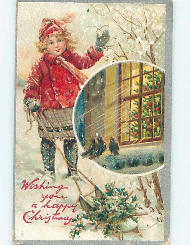 Pre-Linen christmas CUTE GIRL WITH SLED & BIRDS AT THE WINDOW HQ6998