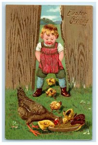 c1910's  Easter Greetings Little Boy Feeds Chicken Hen Chick Embossed Postcard 