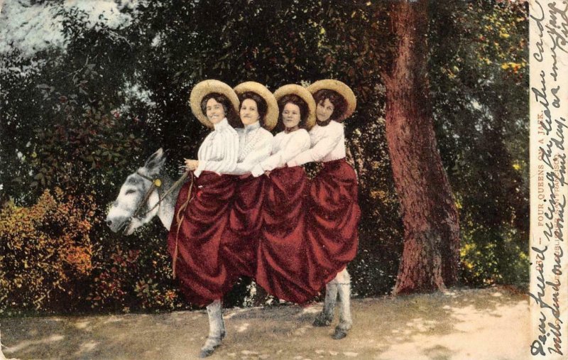 Four Queens On A Jack Women on Donkey Burro 1907 Mitchell Vintage Postcard