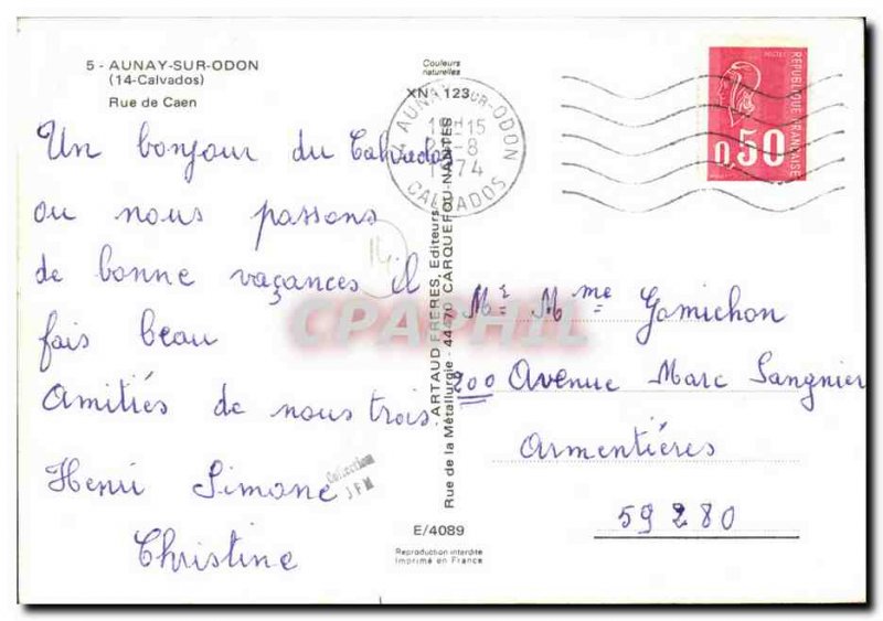 Postcard Modern Aunay sur Odon Caen Street Press House Hotel Restaurant St. M...