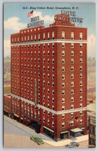 Greensboro NC~King Cotton Hotel Exterior View~Cars~Flag~Linen 1944 Postcard