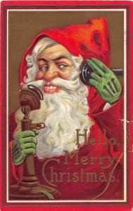 E38/ Santa Claus Merry Christmas Holiday Postcard c1910 Telephone Green Gloves 5