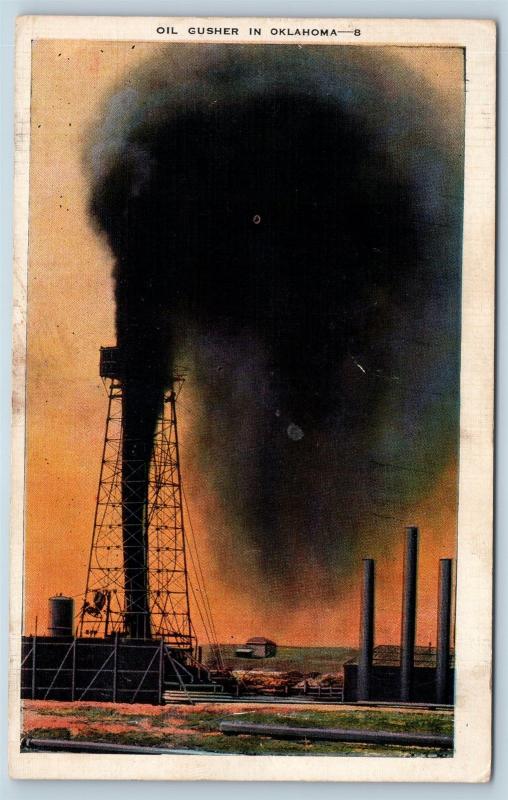 Postcard OK Oklahoma Oil Well Gusher in Oklahoma Vintage Linen N8