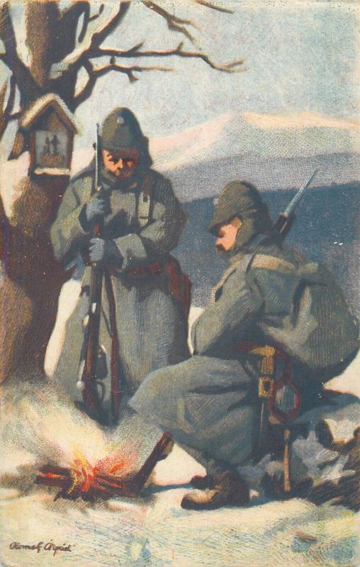 Austro-Hungarian soldiers around the campfire artist postcard