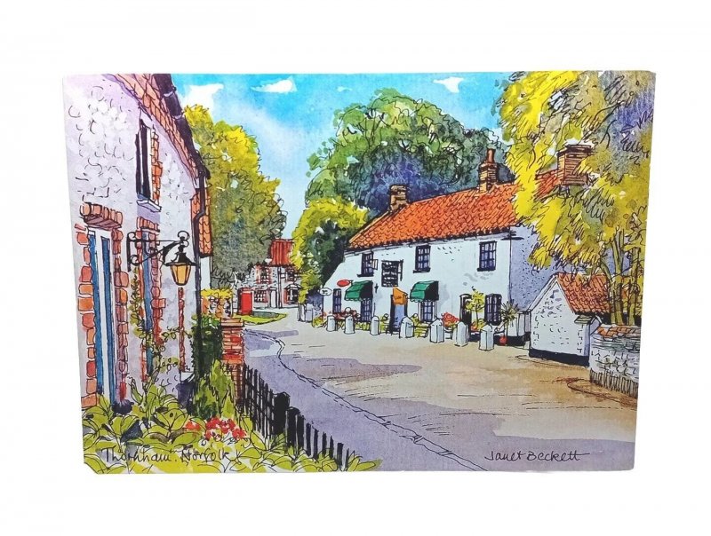 Thornham Village Norfolk Vintage Art Painting Postcard By Janet Beckett 1998
