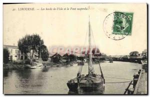 Old Postcard Libourne edges of the Isle and the suspension bridge boat