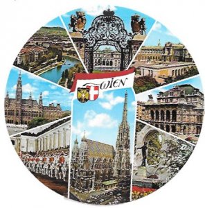 Austria.  Vienna. Round postcard showing sites in Vienna - Identified on back.