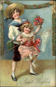 BEST WISHES Little Boy and Girl w Butterfly Net EMBOSSED c1910 Postcard