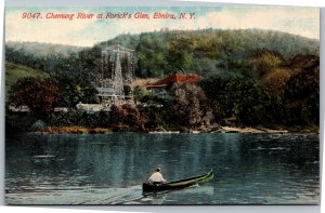 Postcard NY Elmira - Chemung River at Rorick's Glen man in canoe