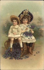 Tuck Artistic Birthday Little Girl and Boy with Flowers c1910 Vintage Postcard