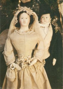 French bride and groom dollsl,  Ca. 1850s. Maker unknown American PC. Size 1