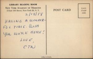 New York City Academy of Medicine Reading Room 103rd St. Postcard
