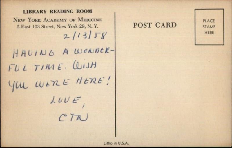 New York City Academy of Medicine Reading Room 103rd St. Postcard