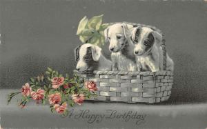 A Happy Birthday puppies in white basket with pink roses antique pc Z19703