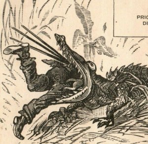 Lote de 2 cartões comerciais cômicos amostra vitoriana jacaré e artista dos anos 1880–90 P222-