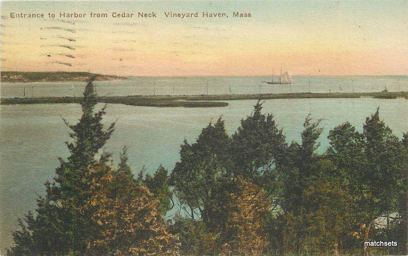 1928 Hand Colored VINEYARD HARBOR MA Entrance Cedar Neck postcard 12313