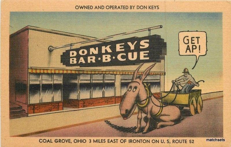 1940s Don Key Barbecue roadside Coal Grove Ohio MWM postcard 3828