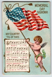 Memorial Decoration Day Postcard Cherub Angel Hold US Flag Pole 1912 Patriotic