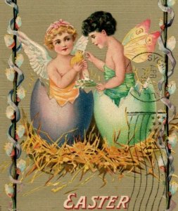 1912 Easter Eggs Cherubs Butterfly Wings Embossed Germany Sycamore IL Postcard