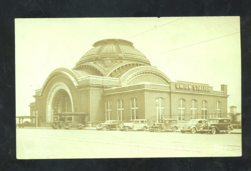 RPPC TACOMA WASHINGTON RAILROAD DEPOT TRAIN STATION CARS REAL PHOTO POSTCARD