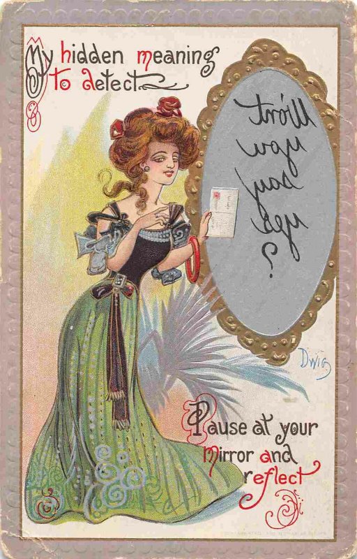 Hidden Meaning Woman Mirror Secret Message Novelty Dwig artist signed postcard