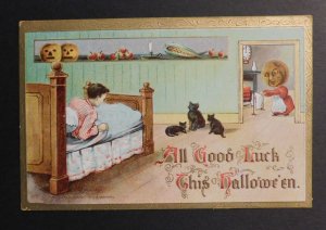 Mint USA Picture Postcard Halloween Child on Bed Black Cats Moon Person