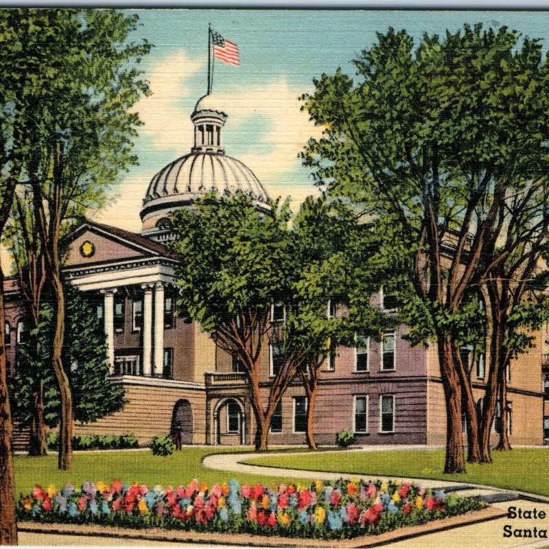 c1940s Santa Fe, NM State Capitol Building Roadside Flowers Trees Linen PC A329