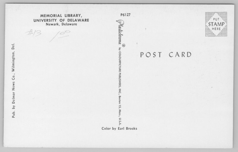 Newark Delaware~University of Delaware Memorial Library~Vintage Postcard