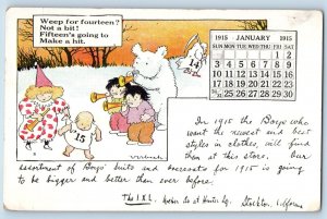 New Year Postcard Childrens On Winter With Trumpet Store Advertising Calendar