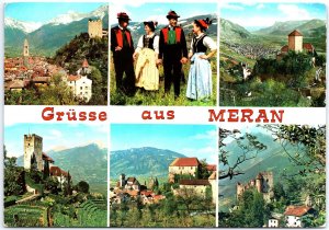 VINTAGE POSTCARD CONTINENTAL SIZE GREETINGS FROM MERAN ITALY COUNTRYSIDE
