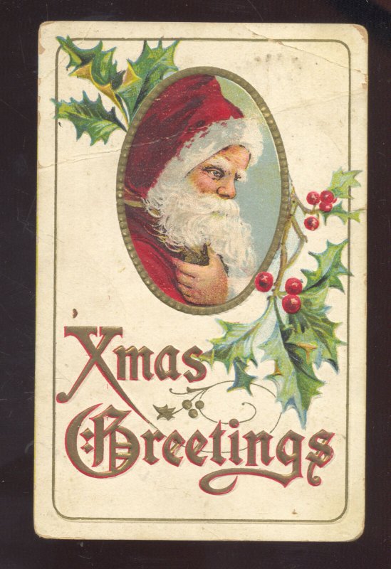 XMAS GREETINGS SANTA CLAUS DARK RED ROBE VINTAGE CHRISTMAS POSTCARD 1909