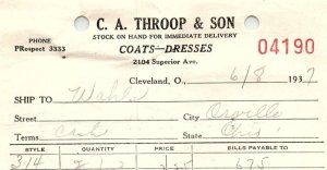 1937 C.A. THROOP & SON COATS-DRESSES CLEVELAND OHIO BILLHEAD STATEMENT Z1351