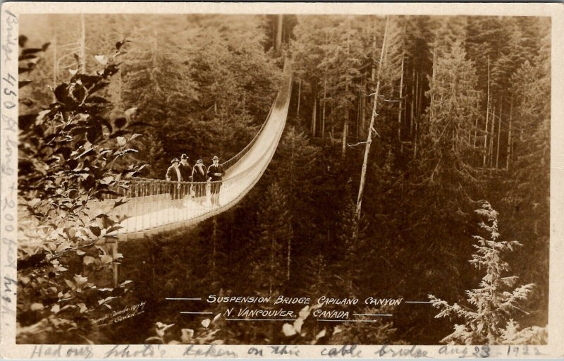 Canada Suspension Bridge Caplilano Canyon N Vancouver 1922 RPPC Postcard W12
