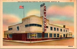 Linen Postcard Greyhound Bus Terminal and Restaurant in Norfolk, Virginia