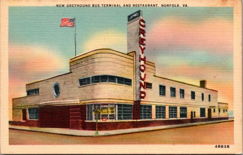 Linen Postcard Greyhound Bus Terminal and Restaurant in Norfolk, Virginia