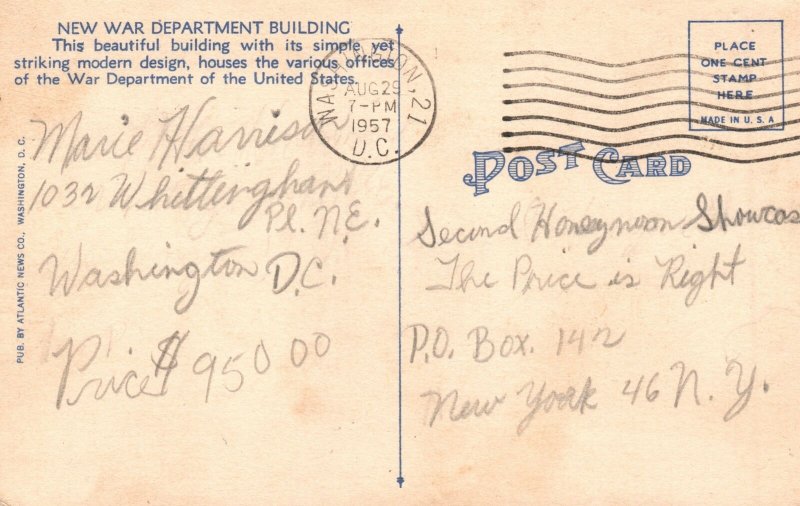 Vintage Postcard 1957 New War Dept. Building Washington DC District Columbia