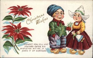 Christmas Children Dutch Poinsettia Flower Embossed Vintage Postcard
