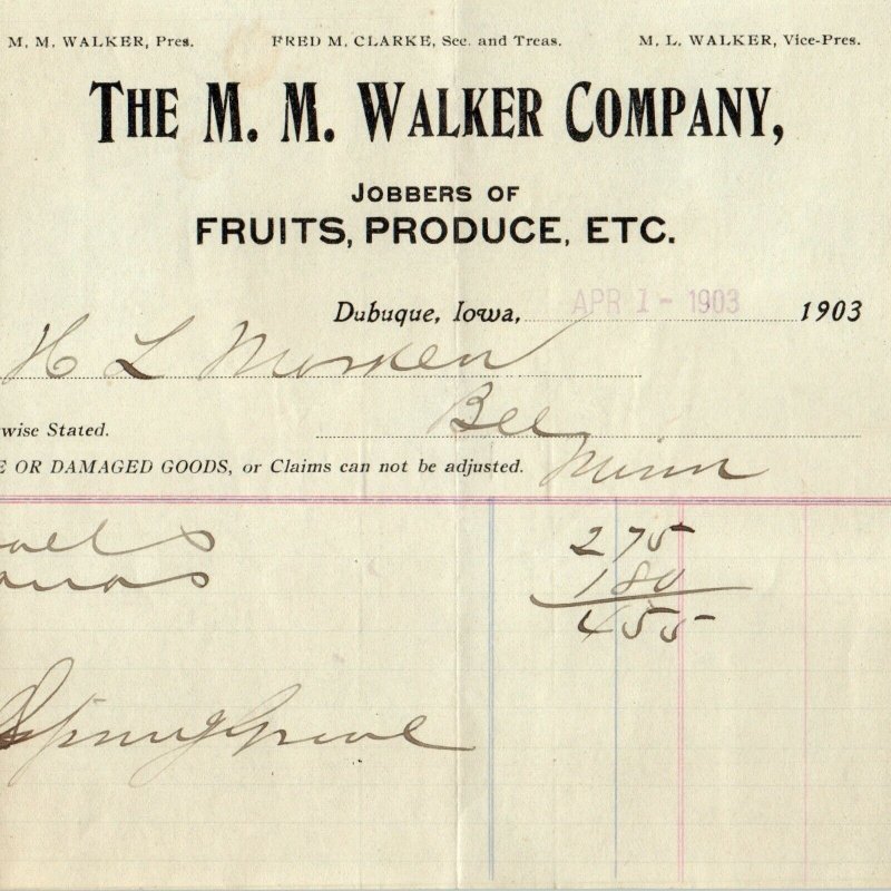 1903 Dubuque, Iowa M.M. Walker Letterhead Fruits Bananas Receipt Antique Bill R1