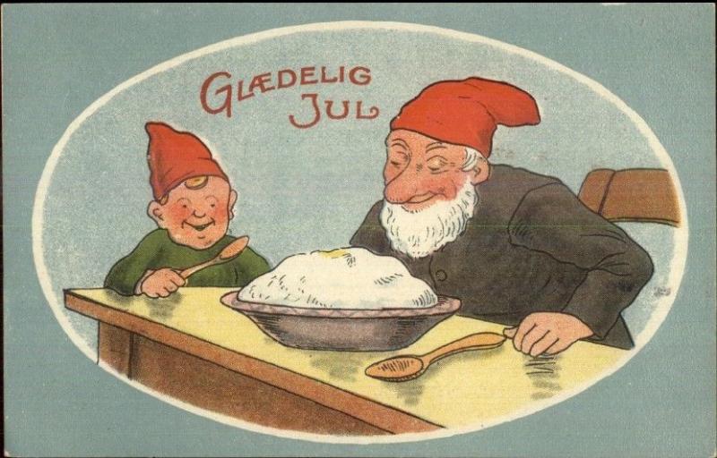 Danish Christmas Gnomes Elves Porridge Food c1910 Postcard EXC COND