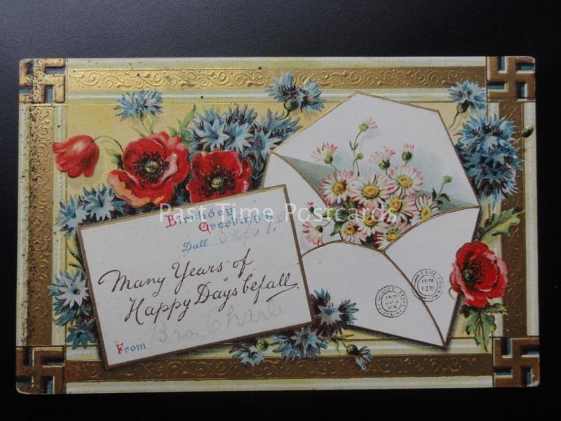 Embossed Poppy Postcard: MANY YEARS BIRTHDAY GREETINGS c1910