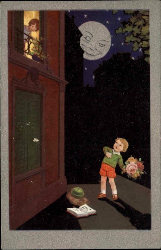 Man in the Moon Fantasy Kids Romance Boy at Girl's Window Postcard