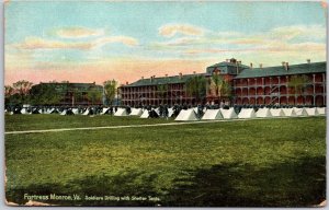 Fortress Monroe Virginia VA Soldiers Drilling with Shelter Tents Postcard