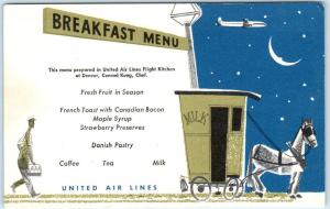 UNITED AIR LINES Airlines   BREAKFAST MENU  Milkman w/ Milk Wagon Postcard