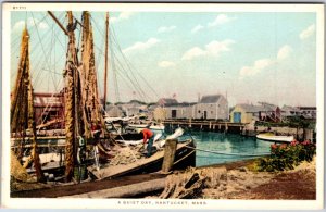 VINTAGE POSTCARD A QUIET DAY AT THE FISHING PIER HARBOR IN NANTUCKET MASS