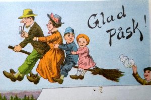 Easter Witch Postcard Fantasy Glad Pask Husband Wife Kids Flying On Broom Sweden