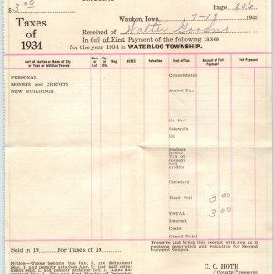 1934 Allamakee County, Iowa Treasurer's Office Tax Receipt Waterloo Township C31