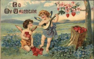 Valentine Fantasy Cupid Mandolin Serenade Hearts c1910 Vintage Postcard