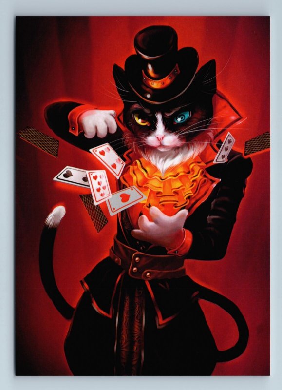 CAT with PLAYING CARD Magician Wizard Fancy Fantasy Russian New Postcard