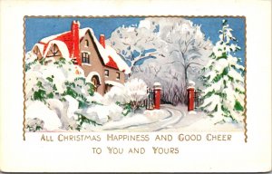 Christmas Postcard Snowy Residential House Scene