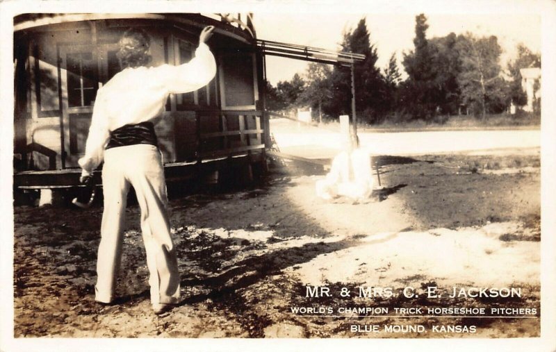  LP87 BLUE MOUND  Kansas RPPC Postcard Game Horseshoes Pitching C.E. Jackson